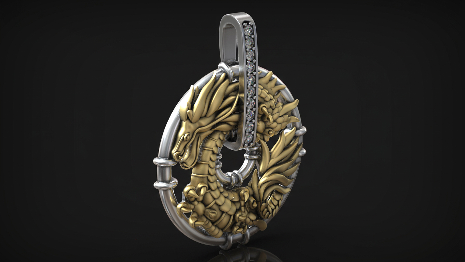 Chinese Circular Pendant with Diamond Bail Oriental Dragon — view 3