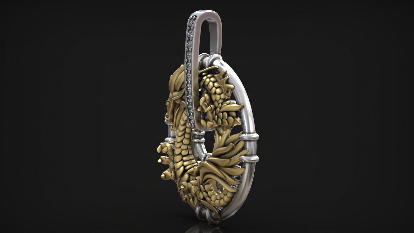 Chinese Circular Pendant with Diamond Bail Oriental Dragon — view 5