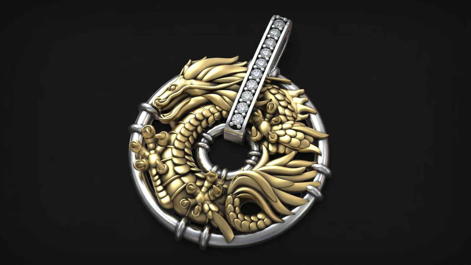 Chinese Circular Pendant with Diamond Bail Oriental Dragon